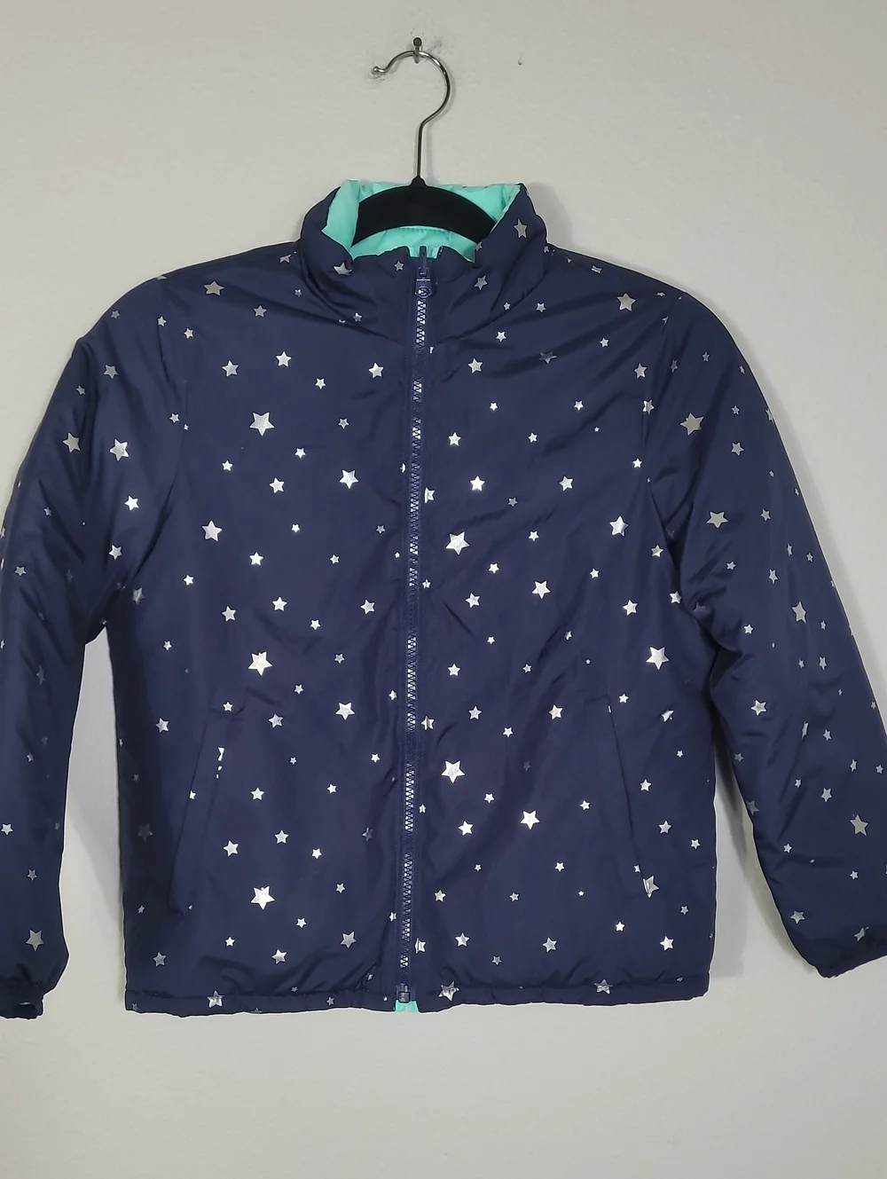 Gap Girls Reversible Puffer Jacket Size Medium 8 Navy Stars Teal Winter Kids